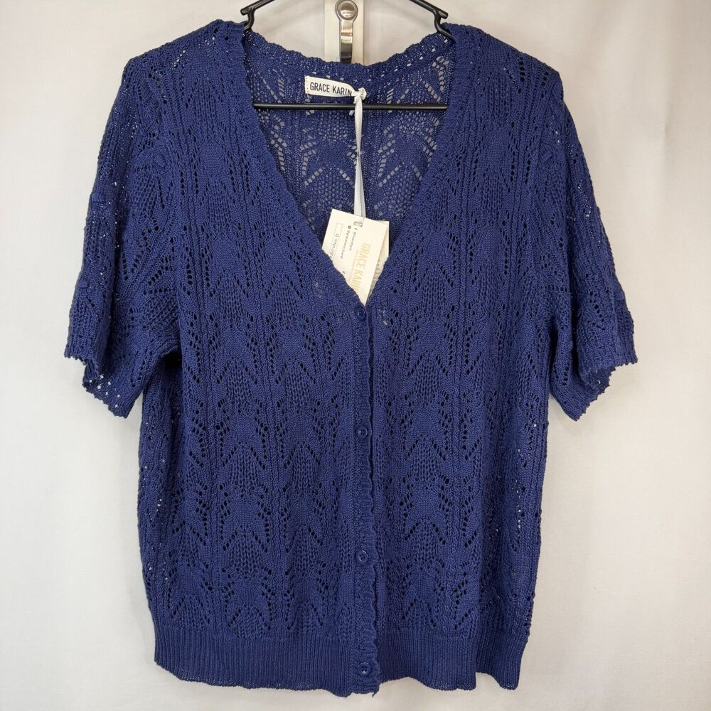 Grace Karin Blue Openwork Knit Short Sleeve Button Cardigan Size L NWT
